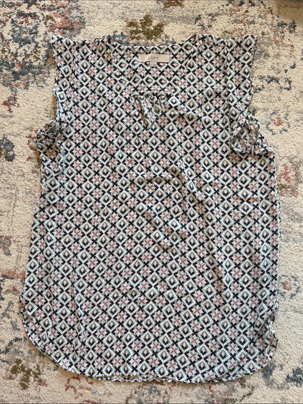 LOFT Geometric Print Tie-Neck Sleeveless Camisole in Cream, Black & Pink